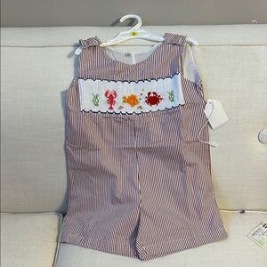 Boy Angels Red and White Striped Romper with Embroidery